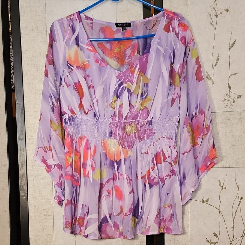 Unique Spectrum Ruffled Smocked Blouse in Purple and Pink